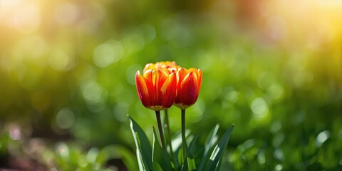 Red and yellow tulip flowers blooming in a flower garden on a sunny spring day, seasonal change