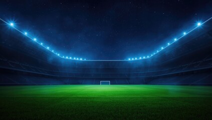 Night scene of a sports stadium with vibrant blue lighting casting over a well-maintained grass field, emphasizing event readiness