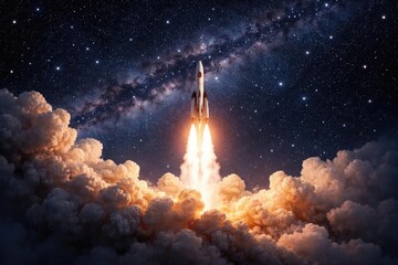 Fototapeta premium Rocket taking off enveloped by smoke under a sparkling star background for space designs and text space