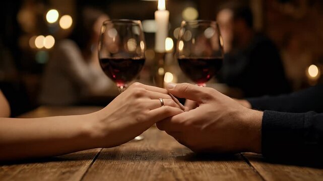 Side View of Couple Holding Hands on Candlelit Table representing Romantic Trust