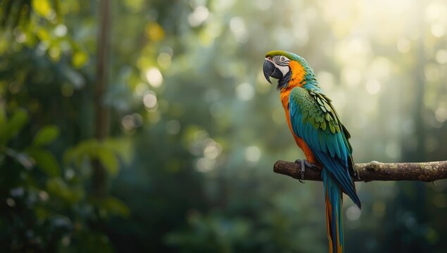 Colorful macaw bird resting on a branch, emphasizing tropical biodiversity, World Bird Day