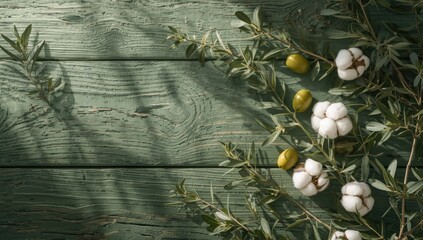 Organic cosmetic items featuring olives, cotton, and greenery on a wooden surface, suited for natural beauty routines