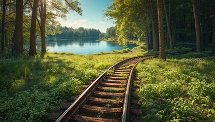 Disoriented train amid thick woodland, highlighting transportation obstacles in natural settings