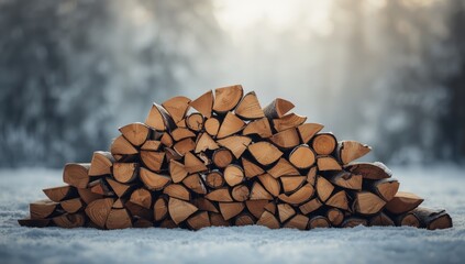 Pile of split firewood ready for household heating during winter as a rustic background for layout design