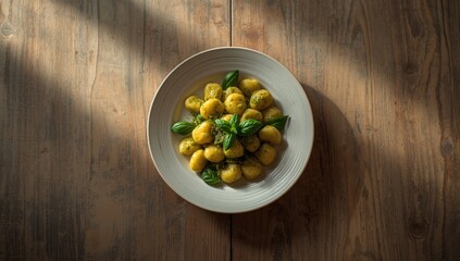 Potato noodles served with basil pesto, highlighting pasta preparation in Italian dishes