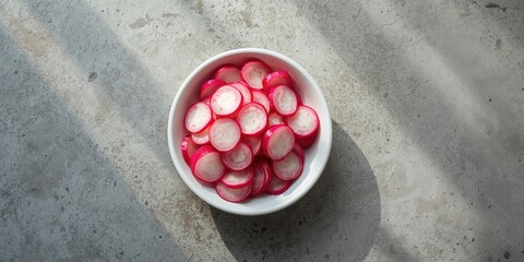 Close-up of sliced radishes in a bowl on concrete surface, texture for editorial or menu backgrounds