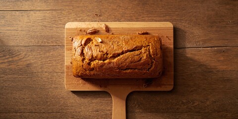 Pumpkin bread loaf with pecan nuts and cinnamon spices on a wooden cutting board, seasonal baking traditions