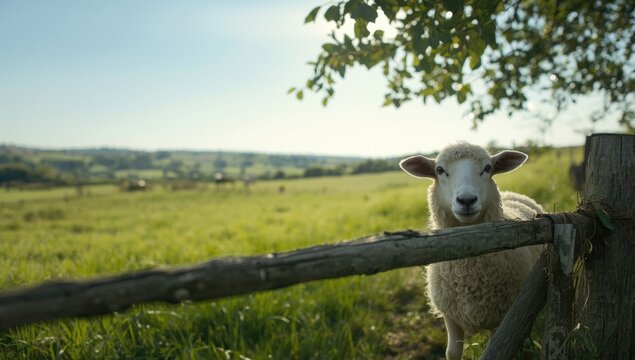 Sheep looking through an aged wooden fence on a vibrant pasture, illustrating farm animal enclosure