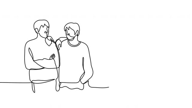 Minimalist one-line drawing animation of group of five male friends standing together and hugging, one continuous line on a white