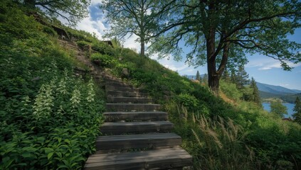 Wooden staircase with abundant greenery for indoor aesthetic enhancement, focusing on plant care and placement