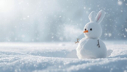 Winter landscape featuring a bunny-shaped snowman, highlighting snow accumulation