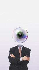 Surreal artwork businessman with floating eye replacing head. Concept of surveillance culture, data awareness, digital identity, corporate transparency, vision metaphor, and modern business control.