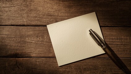 Notepaper and pen on wooden surface, used in office or study settings, background for textual content
