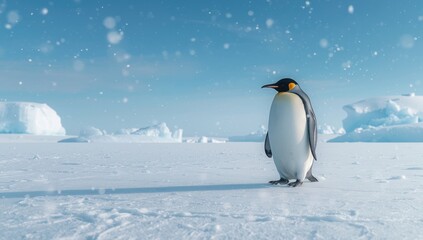 Fototapeta premium Wildlife scene of emperor penguins on a snow-covered glacier, emphasizing habitat preservation in cold environments