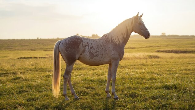 Grey horse running in a grassy field with backlight, highlighting outdoor activity and natural scenery, World Animal Day