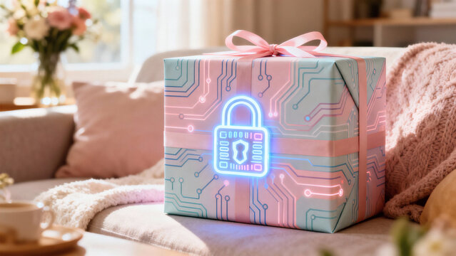 Cyber security and data protection concept with digital lock icon on gift box, online privacy and safety symbol - Powered by Adobe