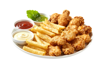 Crispy fried chicken with fries and three dipping sauces