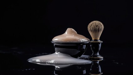 Shaving brush and foam in a bowl on a dark background, emphasizing grooming tools, Men's Grooming Awareness Day