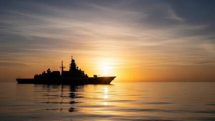 Obraz premium Warship sailing through calm waters during vibrant sunset
