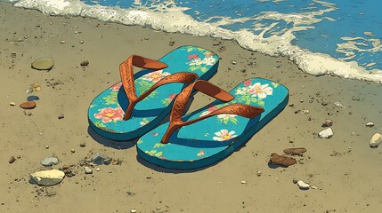 Floral flip flops resting on a sandy beach by the ocean