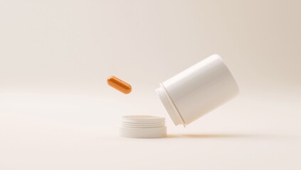 Obraz premium Medication container with a capsule falling out, highlighting pharmaceutical dispensing and packaging procedures