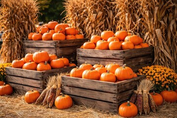 Bins arranged with vibrant orange pumpkins and dried corn stalks for festival decor