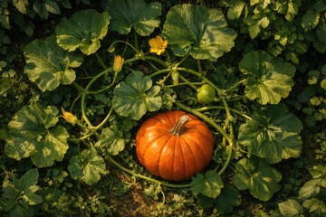 Obraz premium Overhead view showcasing a large pumpkin vine amid rich verdant foliage under summer light