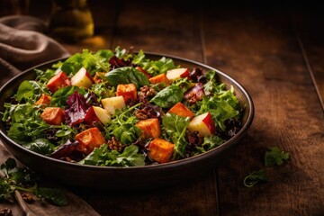 Mixed greens tossed with roasted sweet potato and apple chunks including copy space
