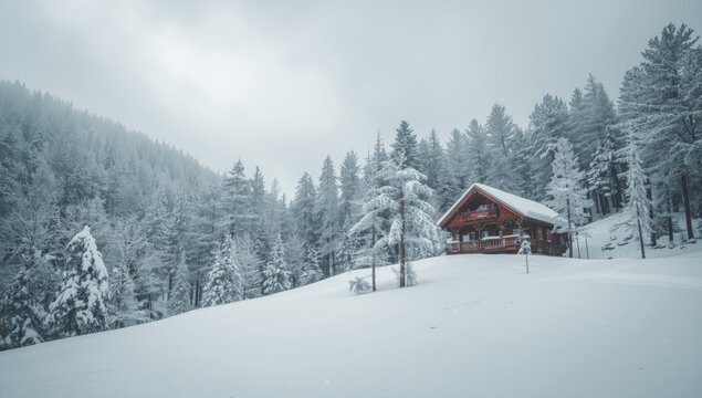 Kaghan Valley winter scene with a small structure surrounded by snow-laden pine trees, highlighting seasonal change