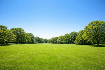 Obraz premium Bright green park grass under a pure blue sky with copy space for text on a summer day