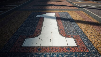 Street signage with white alphabet and number characters on colored pavement tiles, serving as decorative and navigational elements