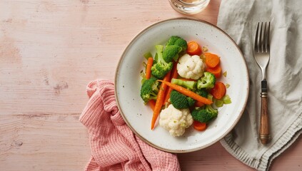 Steamed vegetables such as broccoli, carrots, and cauliflower prepared for a calorie-conscious diet, nutrition emphasis