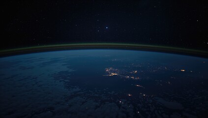 Close-up space shot of the Nordic region at night showing Norway, Finland, and Sweden with focus on horizon and landmass, Earth Day