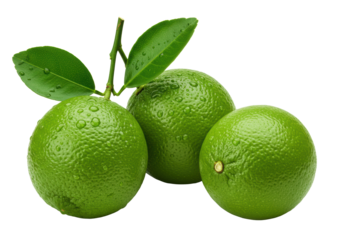 Close-up photorealistic still life of three vibrant green limes on a transparent background with copy space, two with dewy leaves and stems, sharp macro details. Concept for fresh produce branding