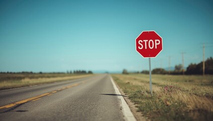 Traffic sign on an empty country road serving as a traffic regulation marker for driver guidance, transportation safety