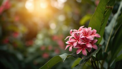 Pink Plumeria flowers against a lush green backdrop, ideal for garden or nature-themed design projects
