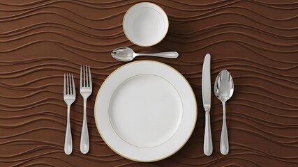 Elegant table setting with white plate and cutlery on brown wavy surface.