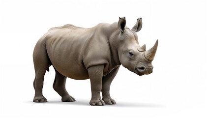 Fototapeta premium Wildlife subject a rhinoceros on a plain white backdrop, focusing on species preservation