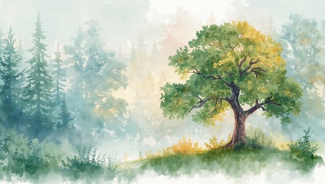 Watercolor depiction of summer forest illustrating lush foliage and dappled sunlight, suitable for editorial headers