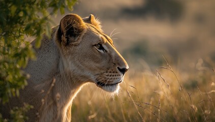 Side view of lionâ€™s head illuminated gently, highlighting mane details and regal stance, wildlife conservation