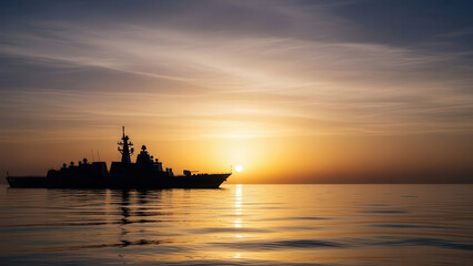 Obraz premium Warship sailing through calm waters during vibrant sunset