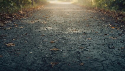Concrete driveway outdoors with dry leaves blown by wind, used as a backdrop for garden planning