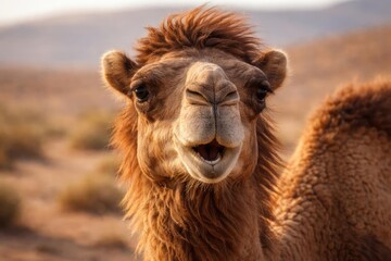 Expressive headshot of a wild adult camel in open terrain