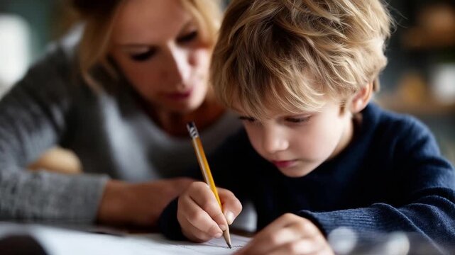 Faceless parent and child doing homework together at table educational support moment parenting involvement lea