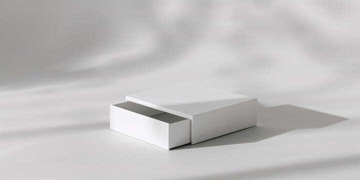 White cardboard box with sliding lid on neutral grey surface, used for retail or shipping applications