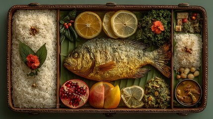 Exotic whole fish meal with rice and citrus in a woven basket