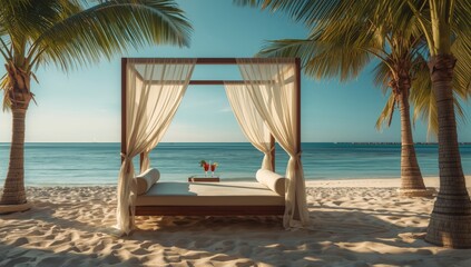 A canopy with a wooden frame offers a shaded retreat at a travel destination, emphasizing relaxation and outdoor enjoyment