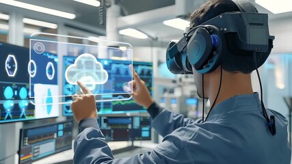 Virtual Reality Cloud Computing: Engineer Interacting with Futuristic Holographic Data Interface in Lab - Powered by Adobe