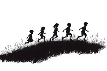 Children's silhouette running on grass: A row of children's silhouettes joyfully run across a grassy hill, capturing the spirit of carefree exploration.
