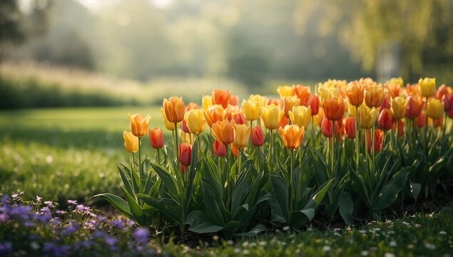 Colorful tulips in a flowerbed serving as a natural spring floral backdrop for layout or editorial purposes